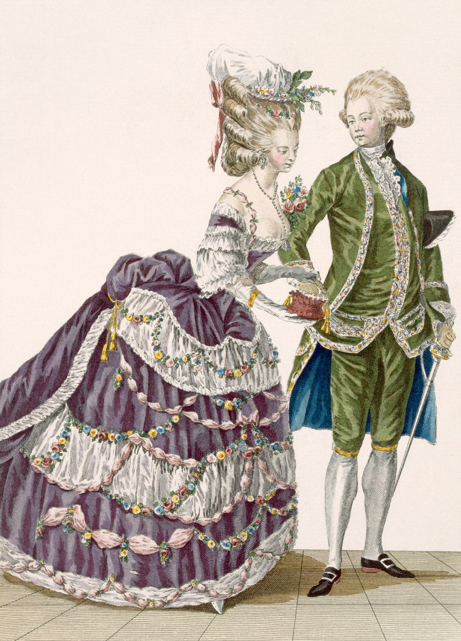 Jovem e seu marido participando de uma festa de gala, placa no.112 de &39;Galeries des Modes et Costumes Francais&39;, c.1778-87 99: vestuário; vestido tradicional; traje tradicional; fas de Pierre Thomas Le Clerc