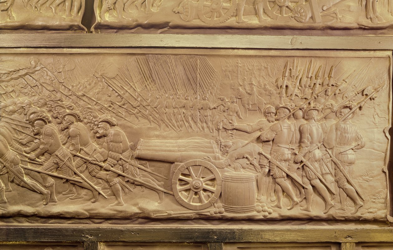 Túmulo de Francis I e Claude, Duquesa da Bretanha, detalhe dos cânones na Batalha de Marignano, mármore de 1548 de Pierre Bontemps