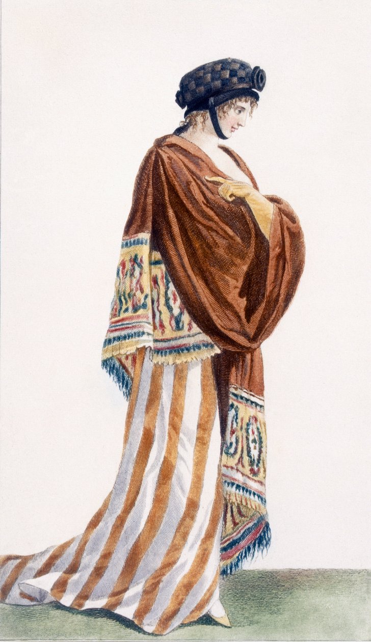 Senhoras vestem com veludo xale, ilustração de &39;Journal des Dames et des Modes&39;, 1799 de Pierre de La Mesangere
