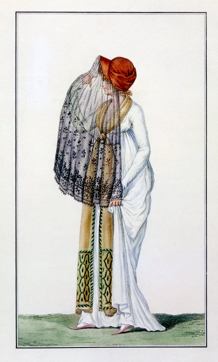 Vestido de dia das senhoras com véu de Journal des Dames, 1799 de Pierre de La Mesangere