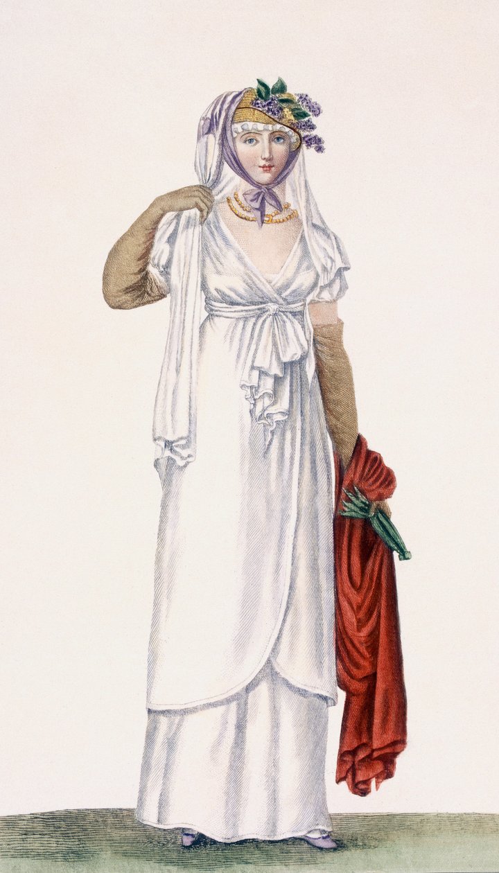 Vestido de Senhora de Estilo Suave, 1805 88: Um vestido de senhora de estilo suave; 99: feminina; traje tradicional; vestido tradicional; moda; c19th; vestido branco; xale vermelho; véu; chapéu; y de Pierre de La Mesangere