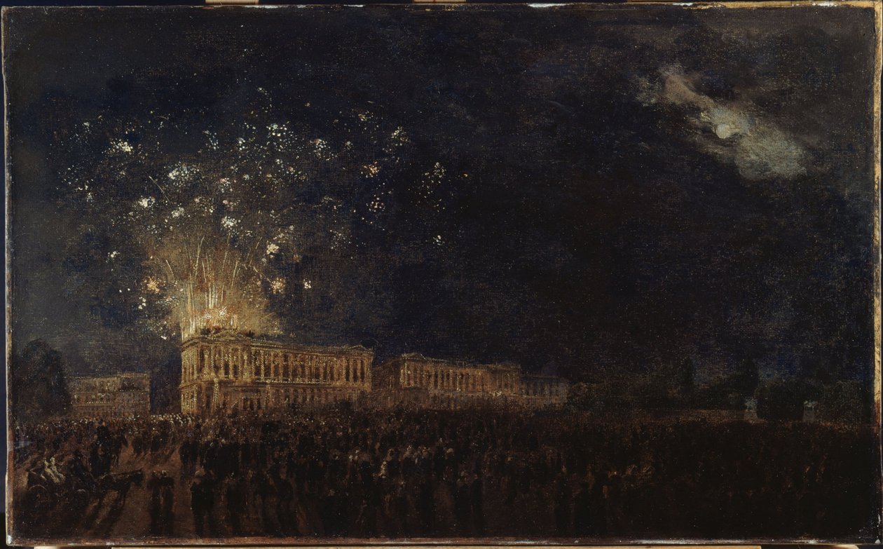 Fogos de artifício para o nascimento do Duque da Normandia, cerca de 1782 (óleo sobre tela sobre madeira) de Pierre Antoine Demachy