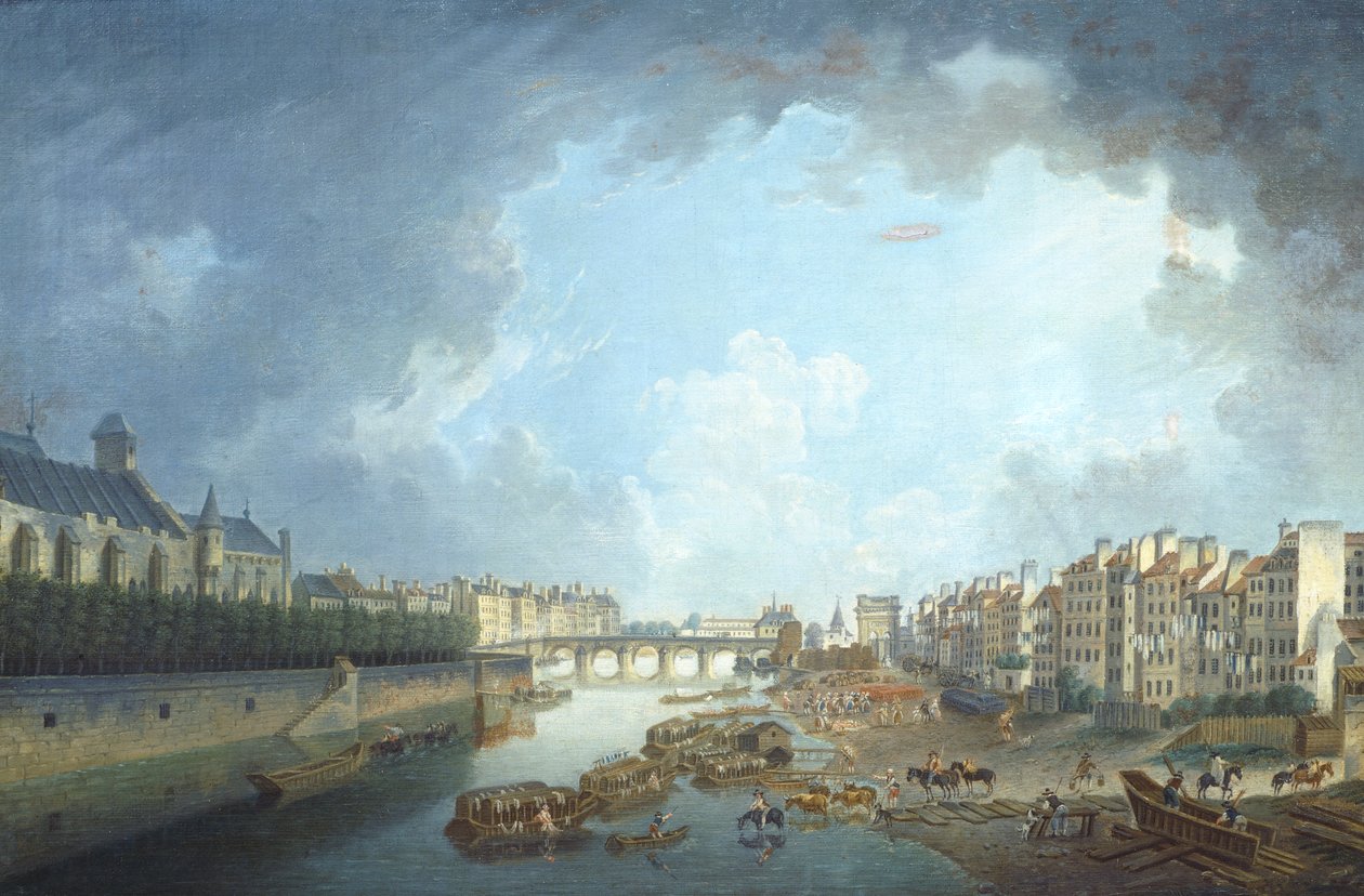 A Diocese do Arcebispo, Ponte Tournelle e Port Saint-Bernard vista da Câmara Municipal de Paris, por Pierre Antoine Demachy de Pierre Antoine Demachy