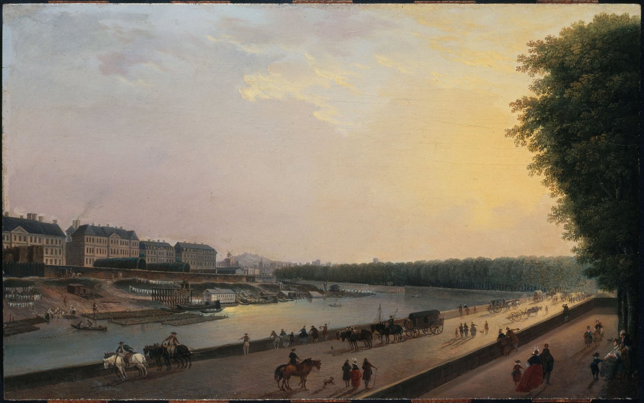 O Sena na Grenouillère, vista do terraço à beira-mar nas Tuileries, cerca de 1777 (óleo sobre madeira) de Pierre Antoine Demachy
