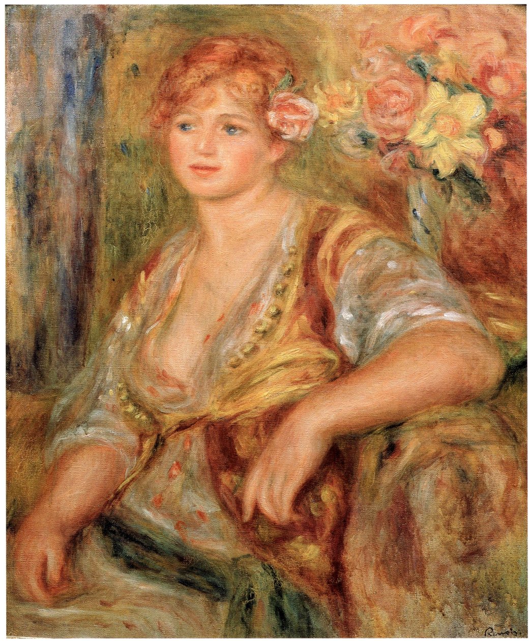 Blonde a la rosenInglês: Garota loira com um pau de Pierre Auguste Renoir