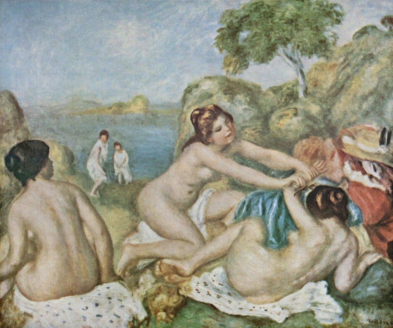 Três, meninas banho, com, caranguejos de Pierre Auguste Renoir