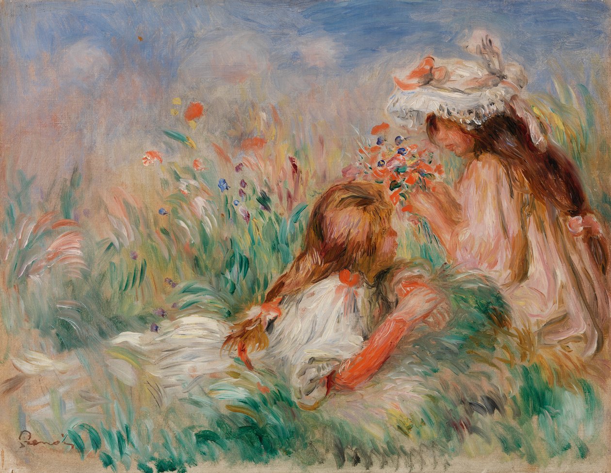 Raparigas na relva a compor um ramo de flores de Pierre-Auguste Renoir