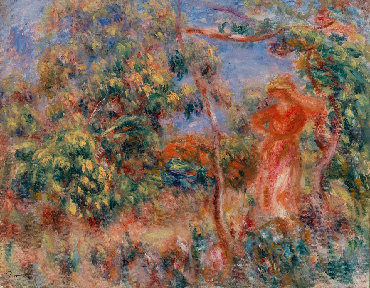 Mulher de vermelho em uma paisagem de Pierre-Auguste Renoir