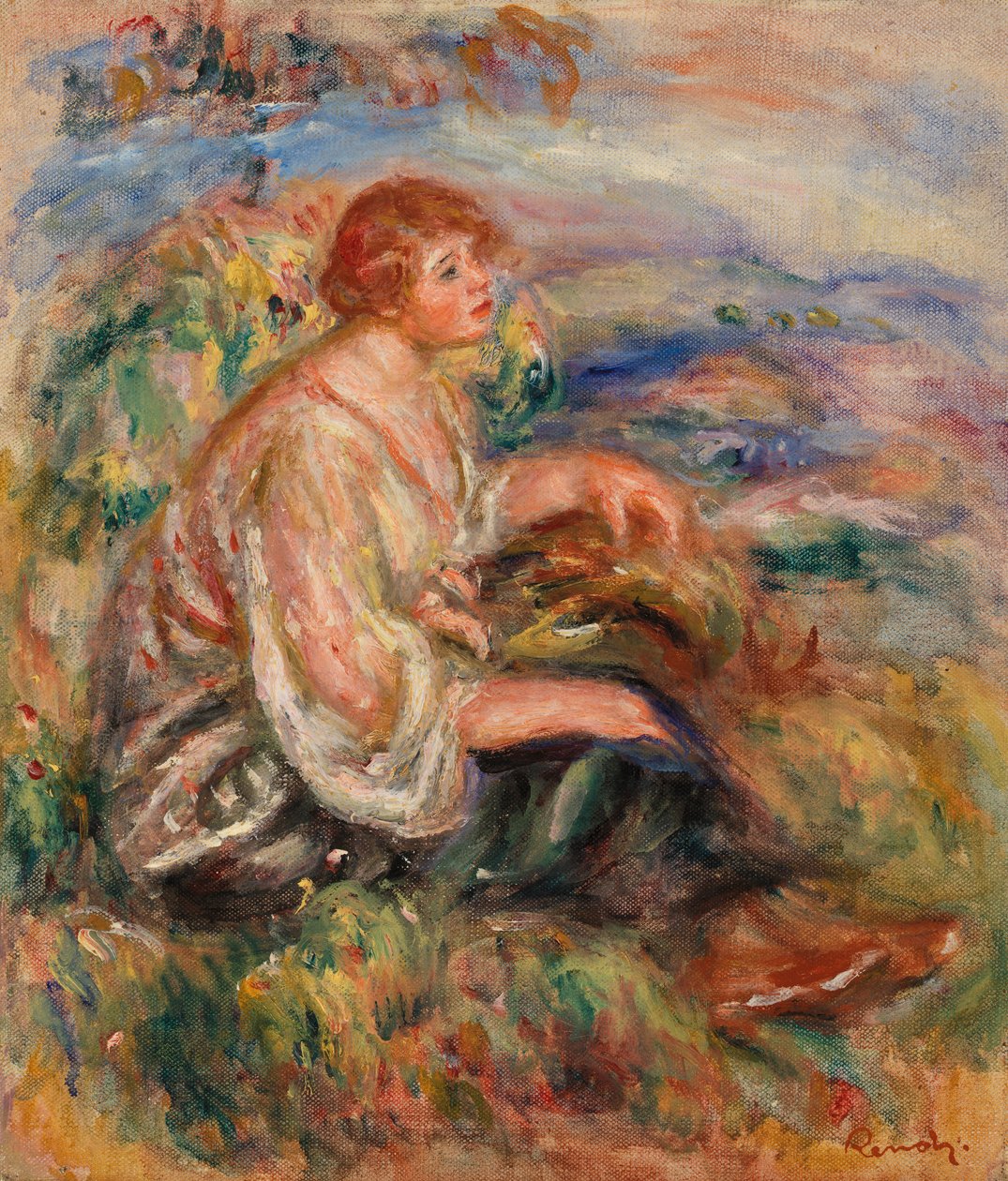 Mulher de blusa de tule e saia preta de Pierre-Auguste Renoir