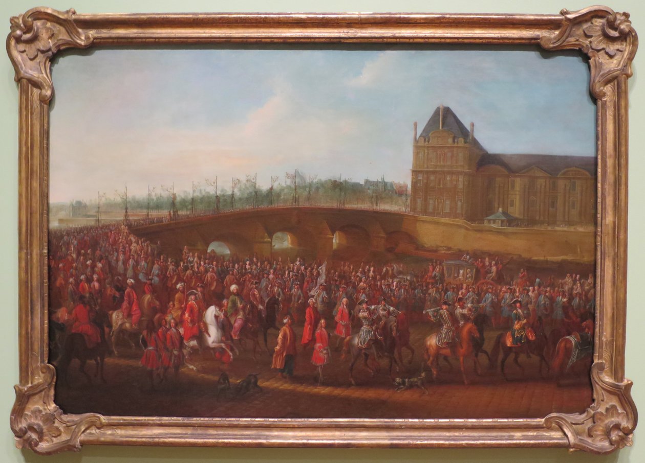 O embaixador turco Mehmet Efendi sai após a audiência com o rei francês Luís XV. iJ 1721 em Paris o jardim das Tulherias de Pierre Denis Martin