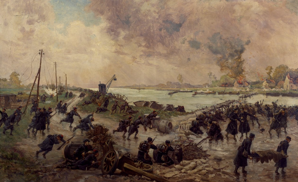 Tropas belgas em combate em Yser, Outubro de 1914, Primeira Guerra Mundial, Bélgica, século XX de Pierre Ernest and Neymark Gustave Ballue