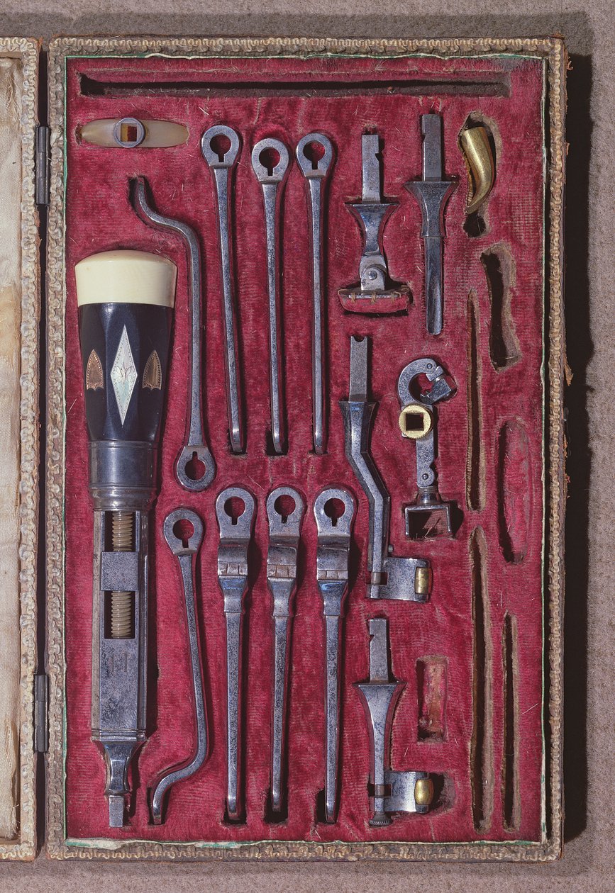 Conjunto de instrumentos odontológicos, início do século XIX (metal e marfim) de Pierre Francois Grangeret