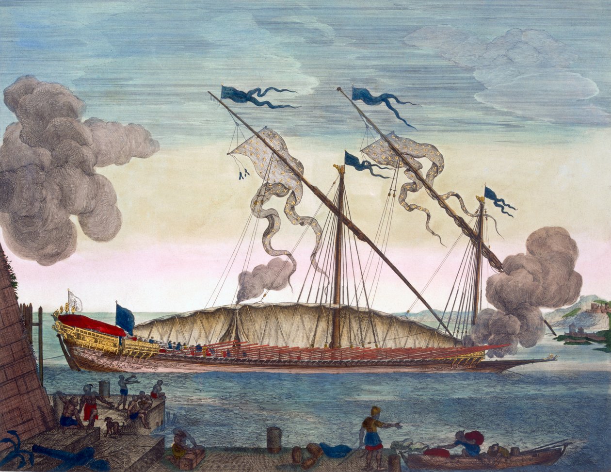 Uma galé real (espanhola ou portuguesa) remada por escravos, disparando um sinal, de 