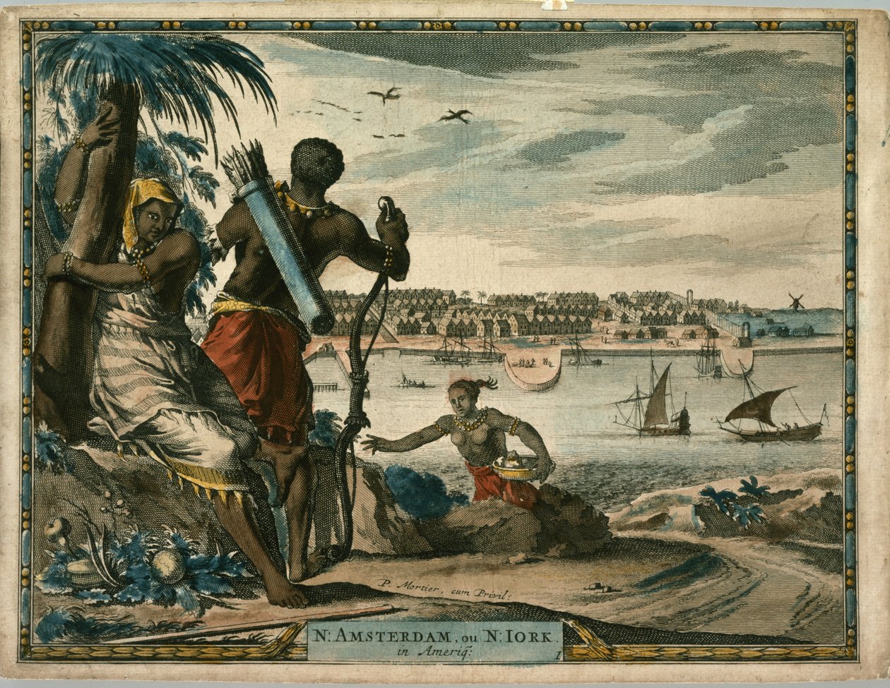 N. Amsterdam, ou N Iork, em Ameriq., ca. 1700 (gravura colorida à mão) de Pierre  Mortier