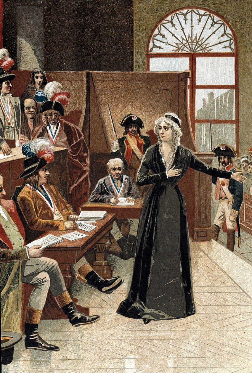 Revolução Francesa: a rainha da França Maria Antonieta em frente ao juiz durante seu julgamento em 14 de outubro de 1793 (desenho), de Pierre (after) Bouillon