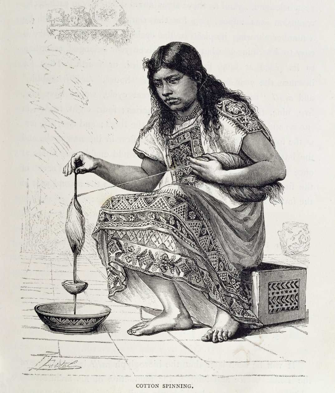 Fiação de algodão, de "The Ancient Cities of the New World", de Claude-Joseph-Desire Charnay, pub. 1887 (gravura) de Pierre (after) Fritel