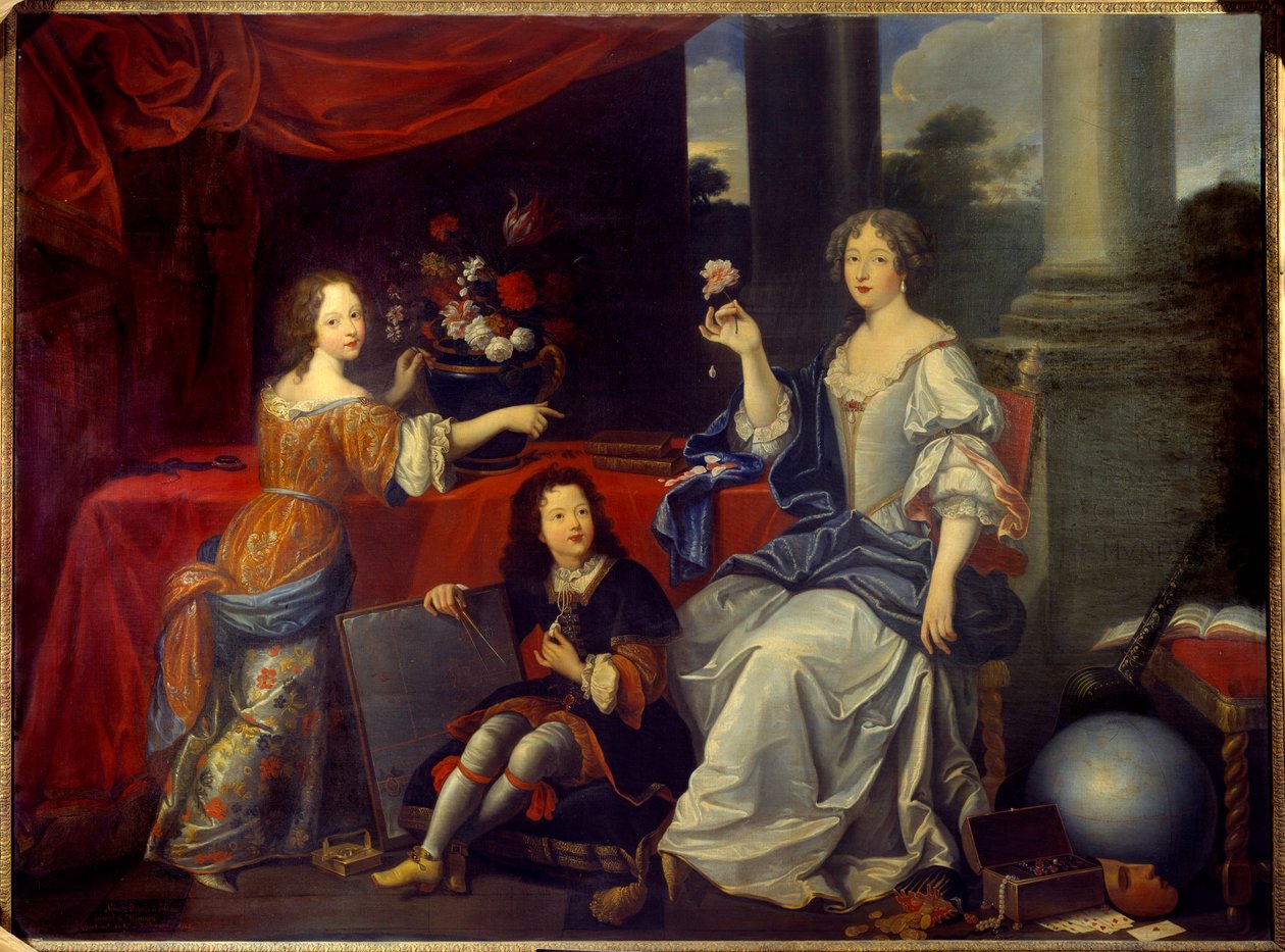 Retrato de Louise Francoise de la Baume le Blanc, Duquesa de la Valliere (Madame de La Valliere) (1644-1710), favorita de Luís XIV e de seus filhos Mademoiselle de Blois e a pintura do Conde de Vermandois de Pierre mignard (1612-1695). Sol do século XVII de Pierre (after) Mignard