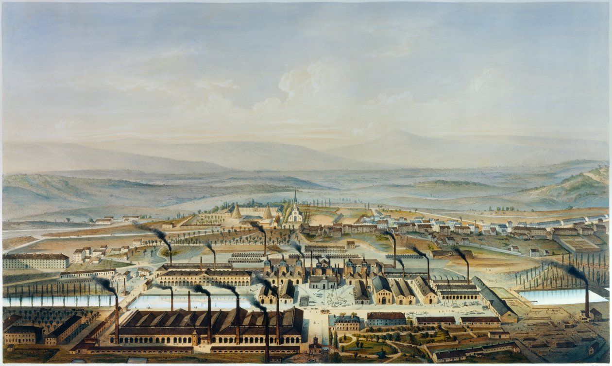 Vista das oficinas Creusot e Chateau de la Verrerie, litografia após aquarela de Pierre Tremaux (1818-1895) de Pierre (after) Tremaux