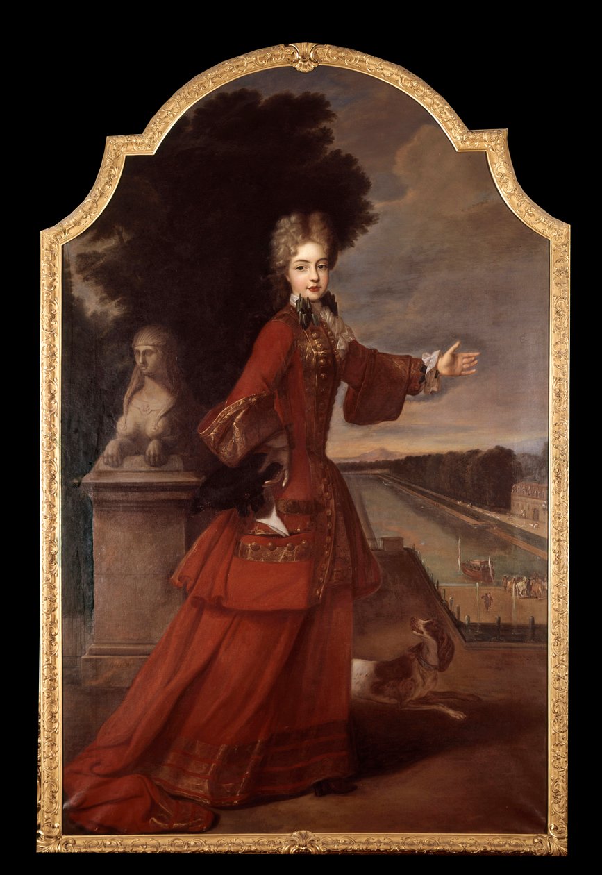 Portrait en pied de Marie Adelaide de Savoie, Duquesa de Borgonha no castelo de Fontainebleau (1685-1712) Dauphine de France. Pintura do atelier de Pierre Gobert (1662-1744) de Pierre (studio of) Gobert