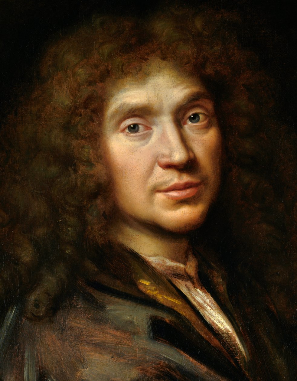 Detalhe do "Retrato de Moliere" (1622-1673) Jean Baptiste Poquelin - Óleo sobre tela - Pintura da Escola de Pierre Mignard (1612-1695) - Chantilly, Musee Conde de Pierre (studio of) Mignard