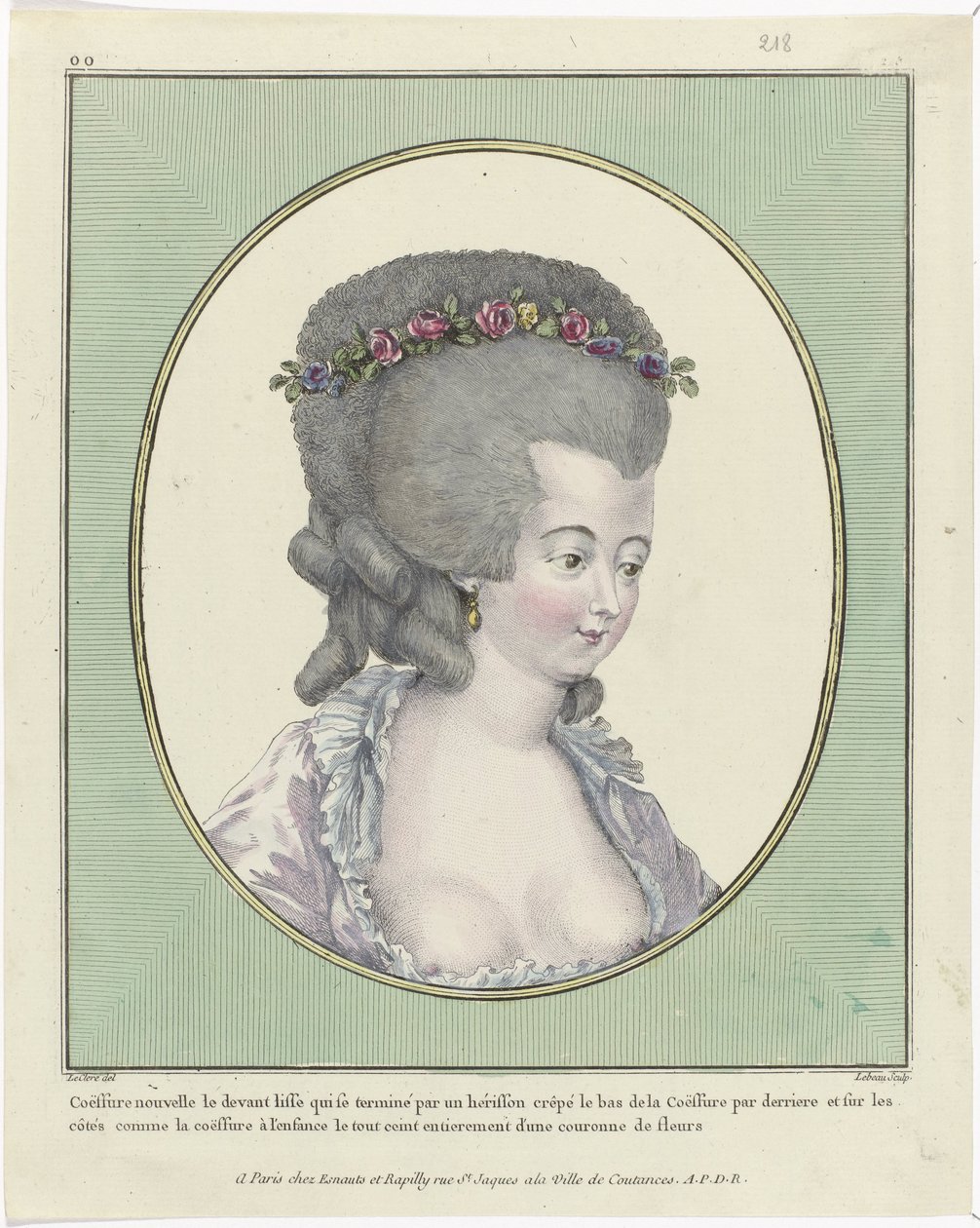 Coiffures, Poufs, Chapéus e Bonés: Onze Coiffures e Headdresses
Gallerie des Modes et Costumes Français, 1781, oo 218 : Coëffure nouvelle le devant (...) de Pierre Adrien Le Beau