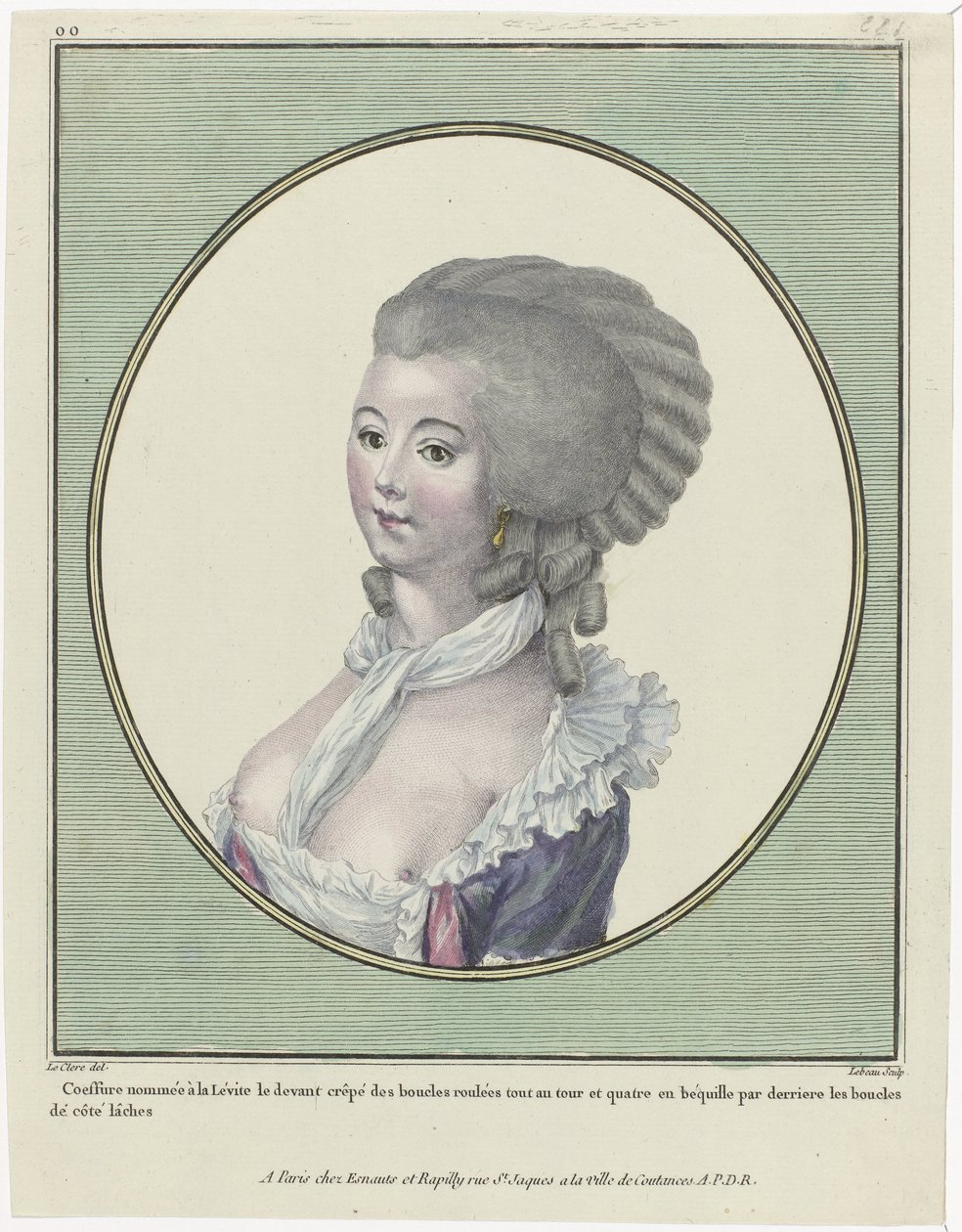 Gallerie des Modes et Costumes Français, 1781, oo 221: Coeffure com o nome do levita (...) de Pierre Adrien Le Beau
