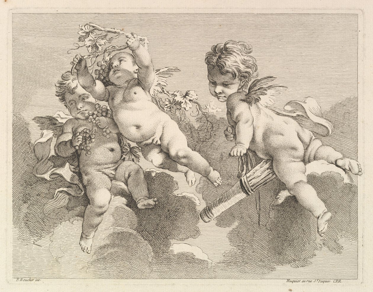 Três amores, um segurando uma aljava, o outro, uvas, 1727-60. de Pierre Alexandre Aveline
