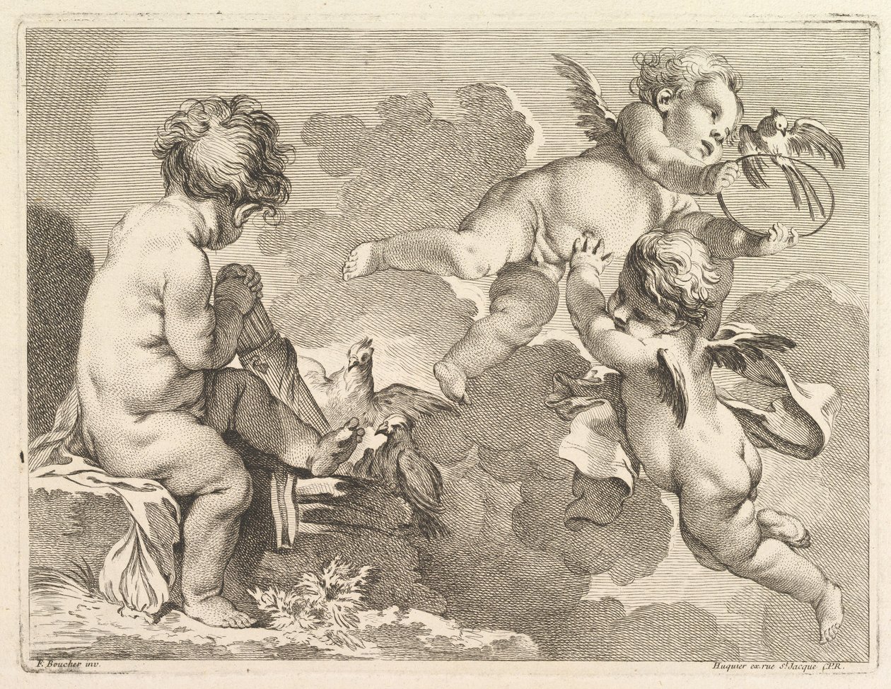Três amores, um dos quais está sentado, segurando uma aljava, 1727-60. de Pierre Alexandre Aveline