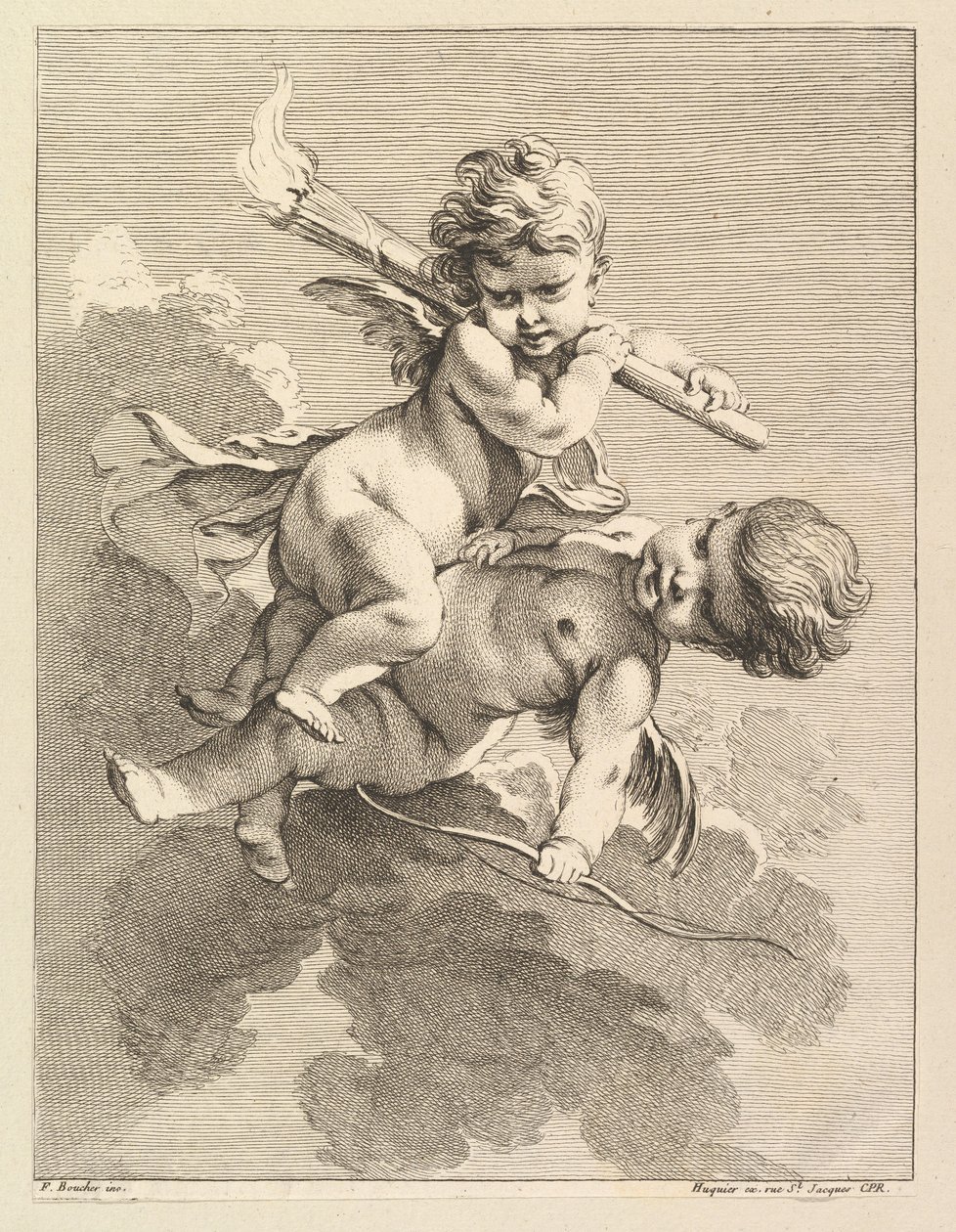 Dois cupidos, um carregando uma tocha, outro um arco, 1727-60. de Pierre Alexandre Aveline