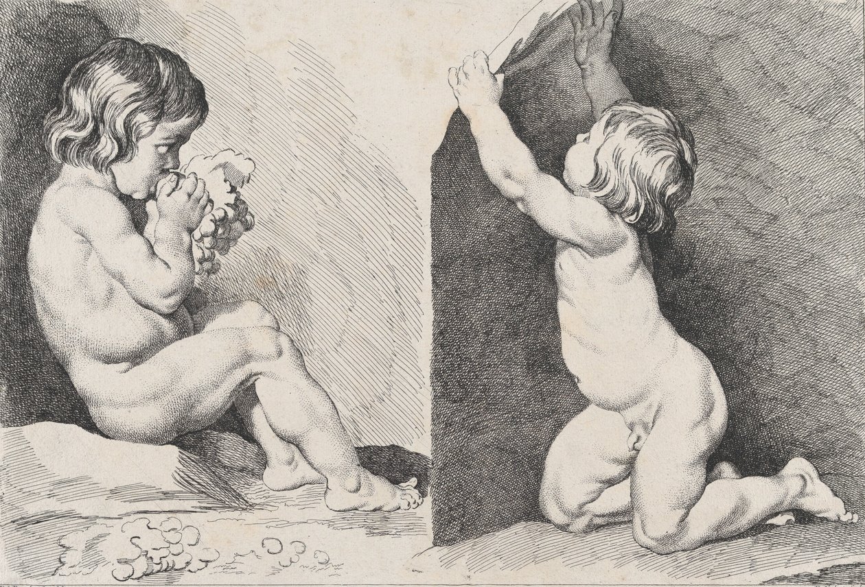 Duas crianças nuas comendo uvas, de New Book of Children, 1720-60. de Pierre Alexandre Aveline