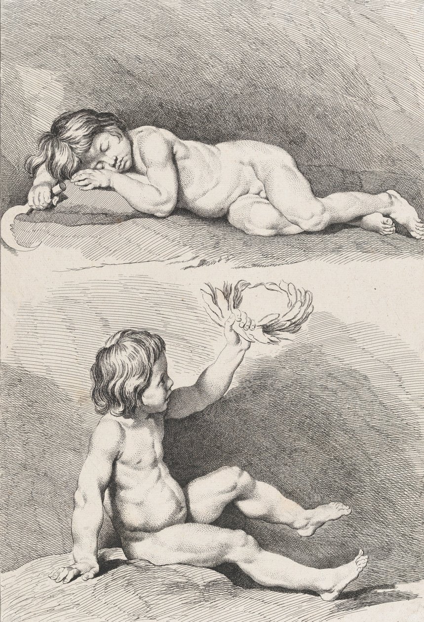 Duas crianças nuas, uma dormindo e a outra segurando uma coroa de flores, de New Book of Childr..., 1720-60. de Pierre Alexandre Aveline