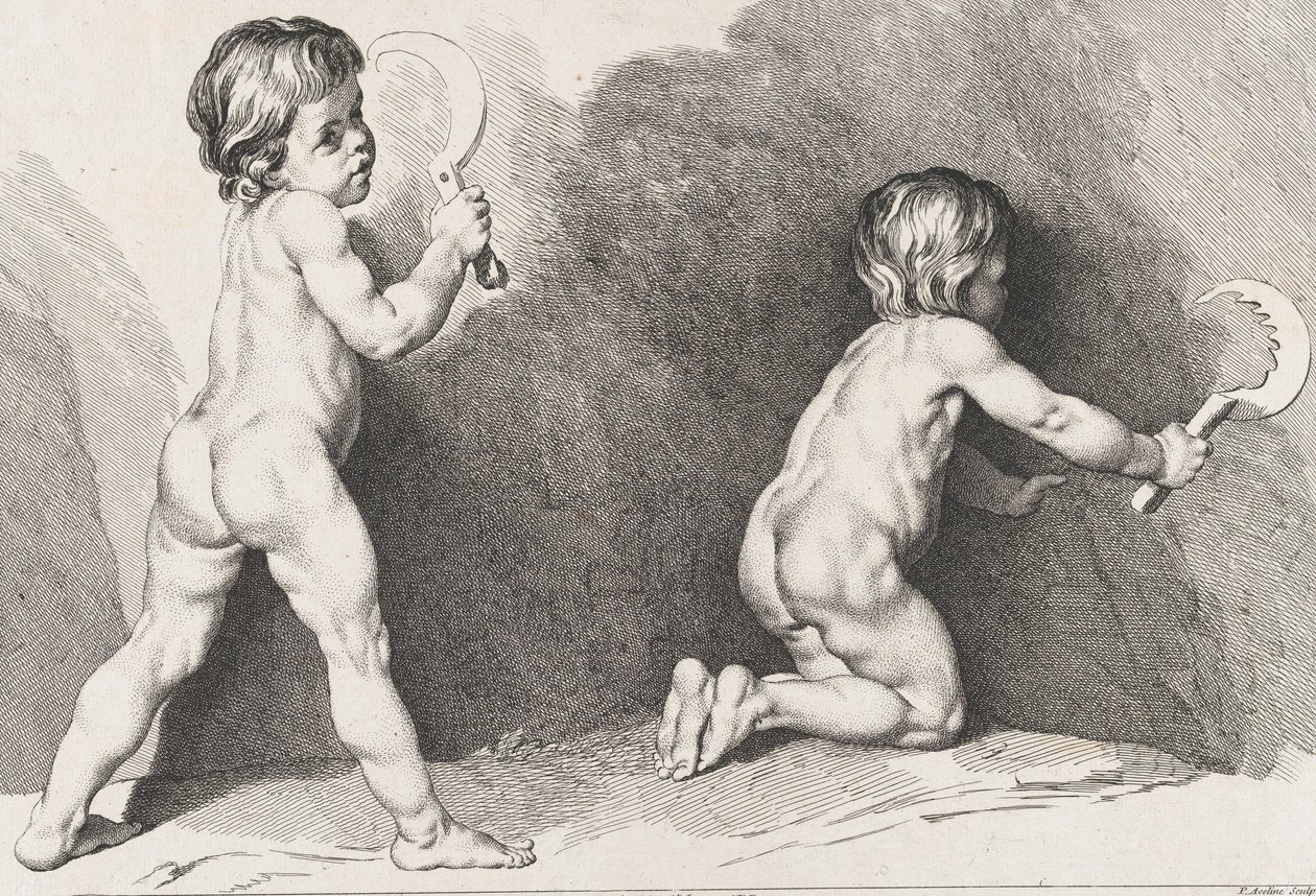 Duas crianças nuas em pé, do New Book of Children, 1720-60. de Pierre Alexandre Aveline