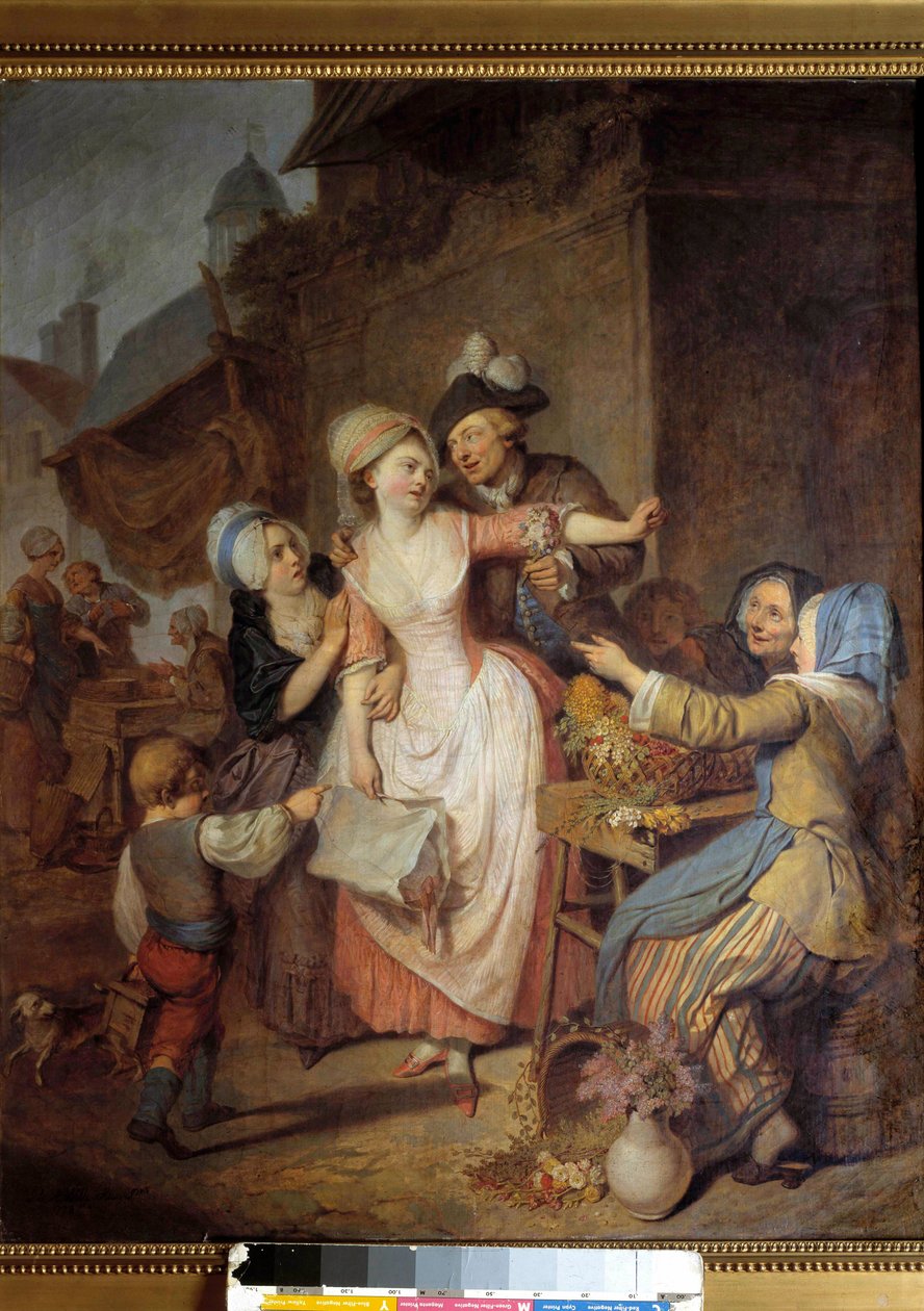 A Sedução Um homem seduz uma jovem oferecendo-lhe um ramo de flores, outra mulher parece adverti-la. Pintura de Pierre-Alexandre Wille dit Wille Fils (1748-1821). 1778. Paris, Museu de Artes Decorativas de Pierre Alexandre Wille