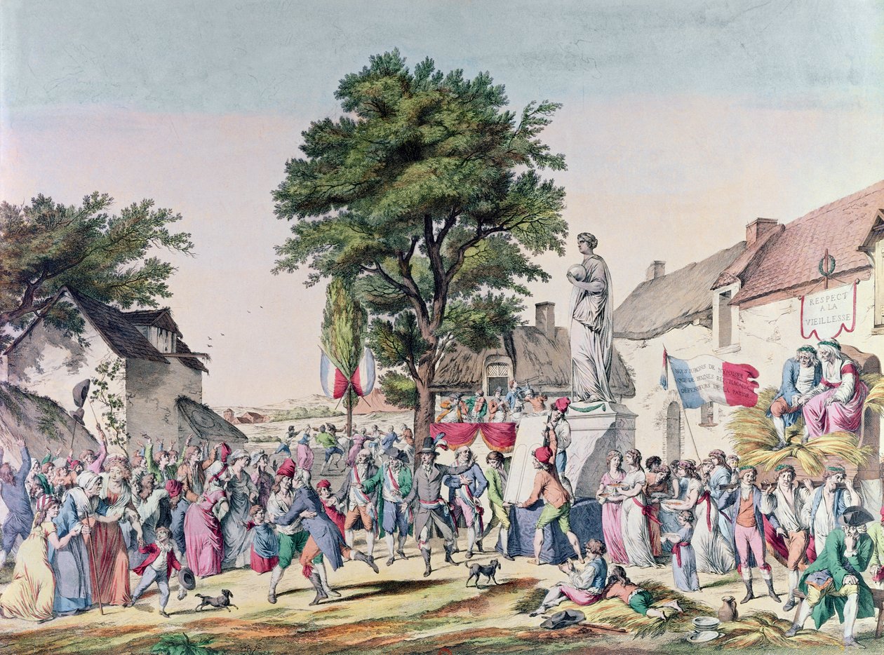 Festival da Aldeia em Honra da Velhice na época da Revolução Francesa, 1795 (gravura a cores) de Pierre Alexandre Wille