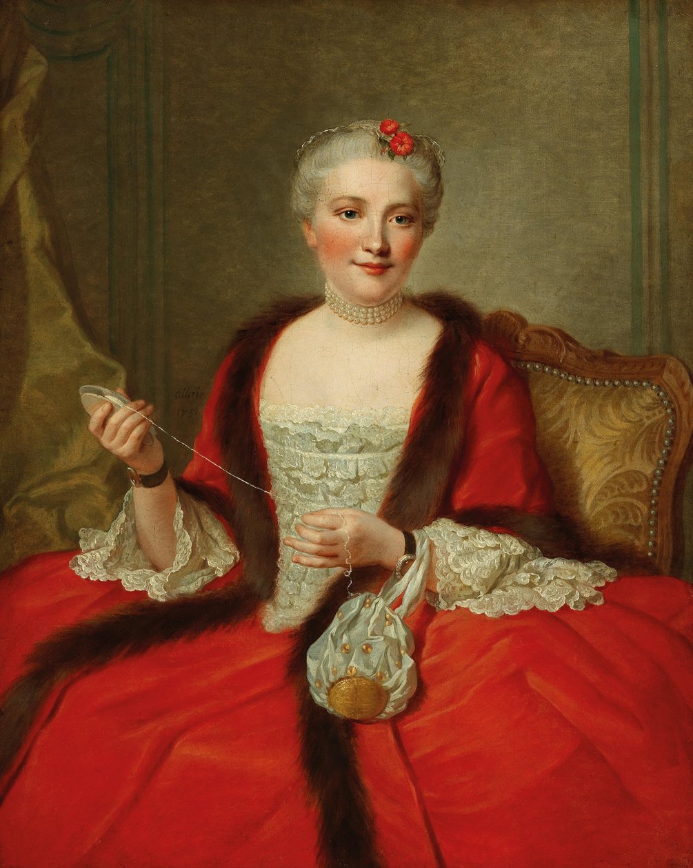 Retrato de uma senhora elegante, segurando um vaivém de tecelagem, 1751. de Pierre Allais