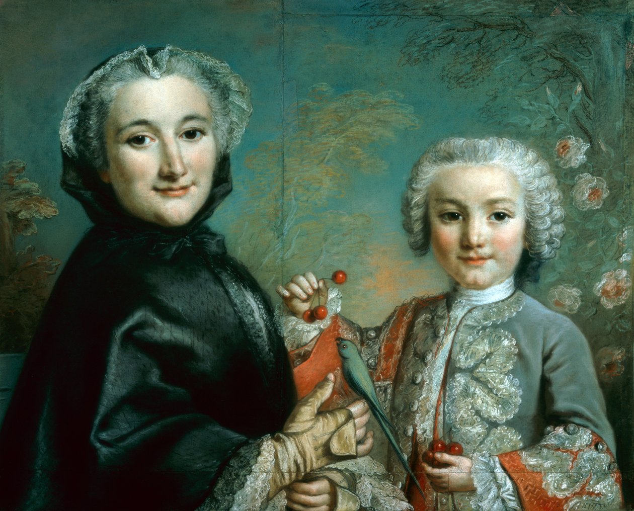 Mulher e Criança com Periquito e Cerejas de Pierre Allais