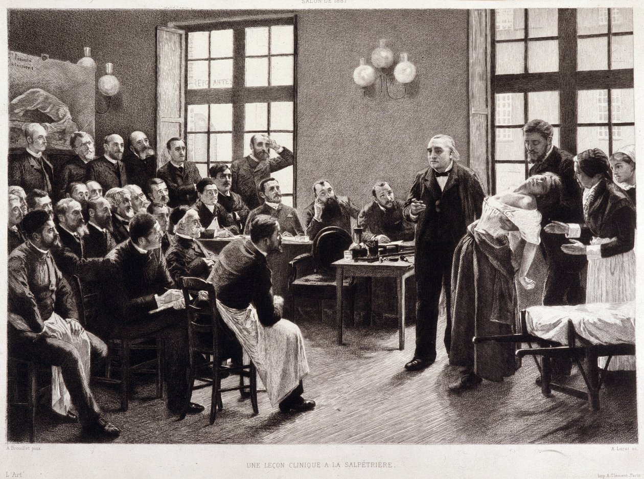Uma palestra clínica do Dr. Charcot no Salpetriere, em 1887. Alunos do departamento do Professor Jean Martin Charcot que explica o caso de Blanche Wittman, sua paciente e porquinho-da-índia, prefere a sua pesquisa sobre histeria. Ele foi assistente de Jo de Pierre Andre (after) Brouillet