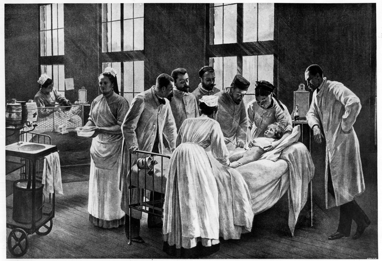 A Croup no Hospital Trousseau, de Andre Brouillet - A Croup Curada pelo Doutor Roux, gravada por E. Buval (cor litho), Brouillet, Pierre Andre (1857-c.1920) (depois)/Musee de la Ville de Paris, Musee Carnavalet, Paris, França de Pierre Andre (after) Brouillet