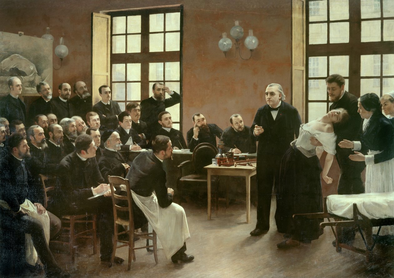 Uma palestra clínica do Dr. Charcot no Salpetriere, em 1887. Alunos do departamento do Professor Jean Martin Charcot (1825-1893) que explica o caso de Blanche Wittman, sua paciente e porquinho-da-índia, prefere a sua pesquisa sobre histeria. Ele foi um ass de Pierre Andre Brouillet