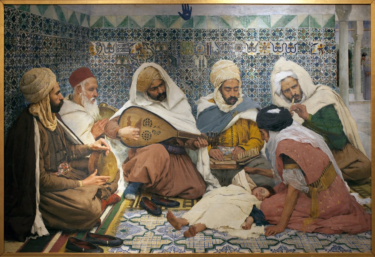 Exorcismo: Músicos árabes perseguindo gênios do corpo de uma criança. Pintura de André Brouillet (1857-1914), Oil On Canvas de Pierre Andre Brouillet