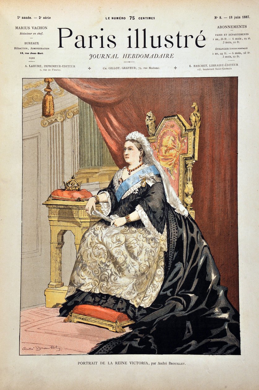 Retrato de Victoria Iere, rainha da Inglaterra (1819-1901) por André Brouillet, Gravura de 1887 no "Paris-Illustrous journal weekly". de Pierre Andre Brouillet
