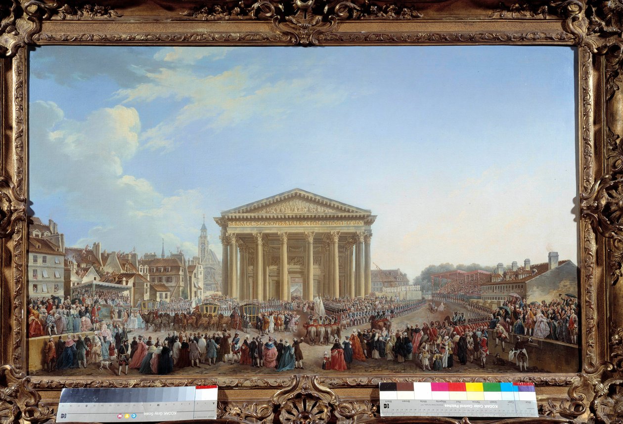 Cerimónia de colocação da primeira pedra da nova Igreja de Santa Geneviève em 6/09/1764 perto da Pintura do Panteão de Pierre Demachy (1723-1807) 1765. Dim. 81 x 1,29 m Paris, musee Carnavalet - Cerimónia de colocação da primeira pedra da nova Igreja de Sã de Pierre Antoine Demachy