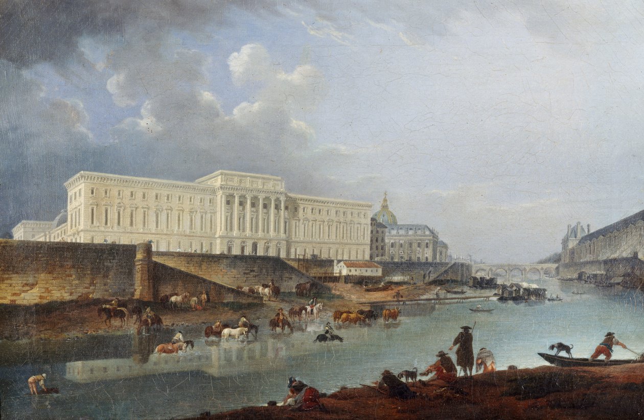 O Hôtel de la Monnaie, o Quai de Conti e o Sena, vistos da Pointe de la Cité, 1777. de Pierre Antoine Demachy