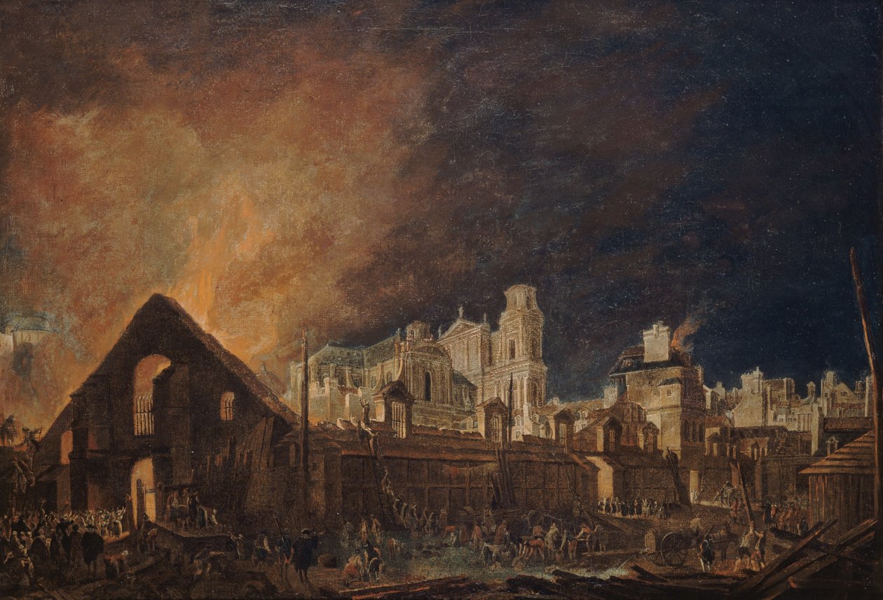 A Foire Saint-Germain após o incêndio da noite de 16 para 17 de março de 1762, 1762. de Pierre Antoine Demachy