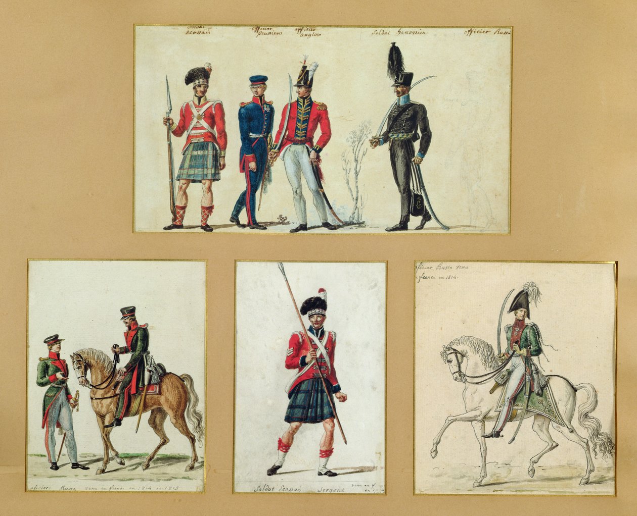 Uniformes de soldados escoceses e oficiais prussianos, ingleses, hanoverianos e russos em 1814 de Pierre Antoine Lesueur