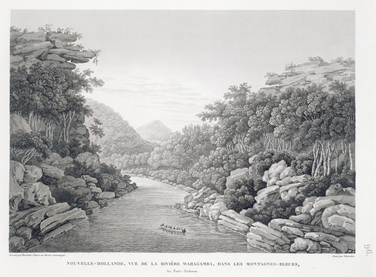 Nova Holanda: Vista do Rio Waragamba nas Montanhas Azuis, de &39;Voyage Autour du Monde (1817-20)&39;, de Louis Claude Desaulses de Freycinet (1779-1842) gravado por Schroeder, publicado em 1822-24 (li de Pierre Antoine Marchais