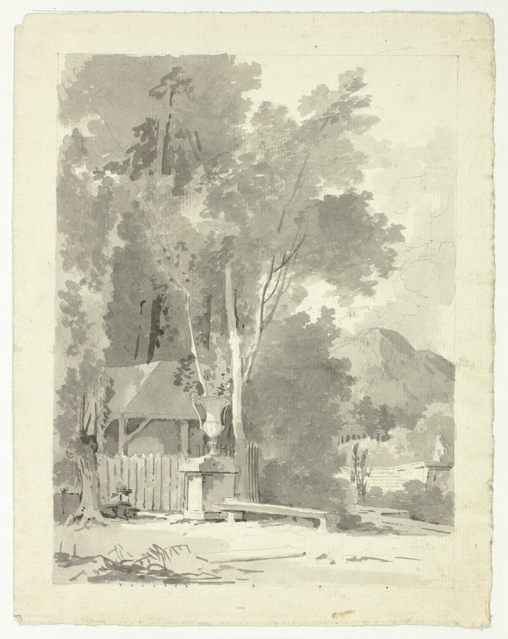Urna clássica em frente a um telheiro, com um templo e uma montanha em fundo de Pierre Antoine Mongin