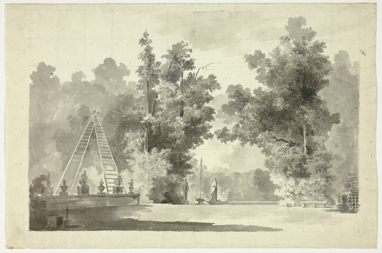 Vista do parque de Versalhes: Arco de escadas com plantas; estatuária de Pierre Antoine Mongin