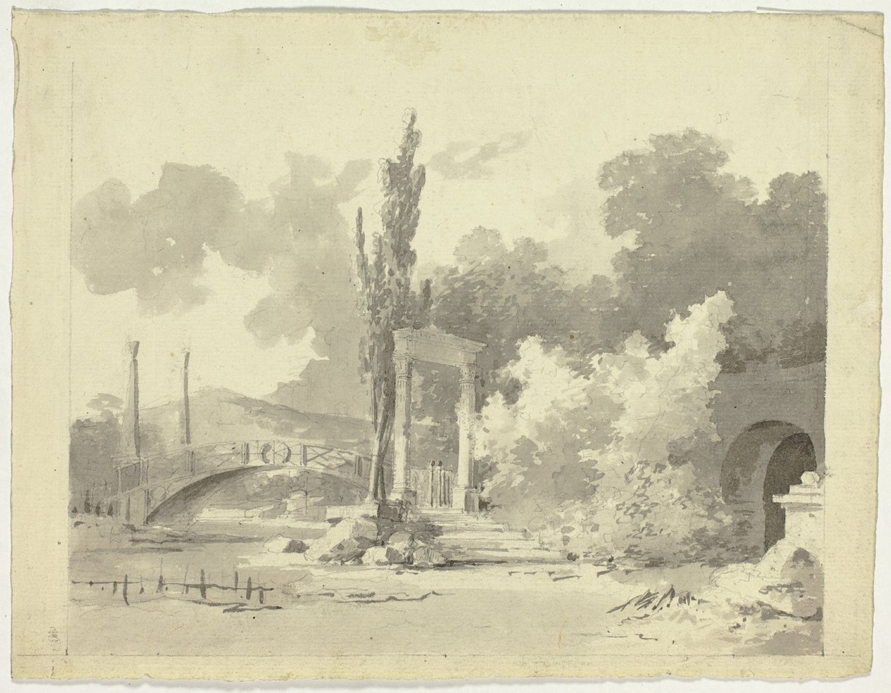 Vista do parque de Versalhes: Ponte em arco com colunas de aproximação de Pierre Antoine Mongin