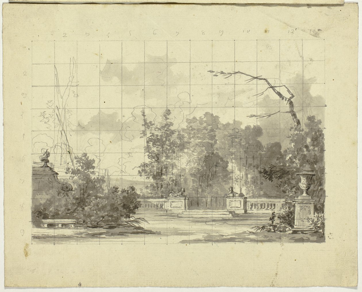 Vista do parque de Versalhes: Balaustrada com Urna de Duas Esfinges de Pierre Antoine Mongin